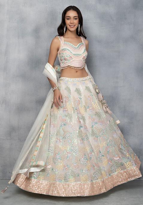 White Floral Zari Embroidered Lehenga Set With Sequin Embellished Blouse And Dupatta