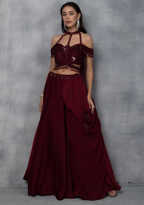 Maroon Lehenga Set With Sequin Embellished Blouse