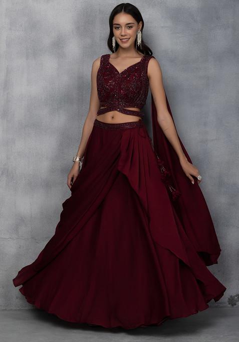 Maroon Lehenga Set With Sequin Cutdana Embellished Blouse And Attached Dupatta