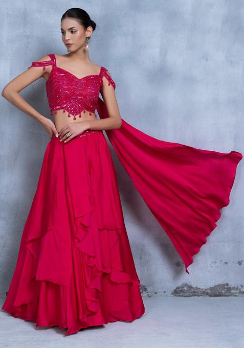 Pink Ruffled Lehenga Set With Sequin Embellished Blouse And Attached Dupatta