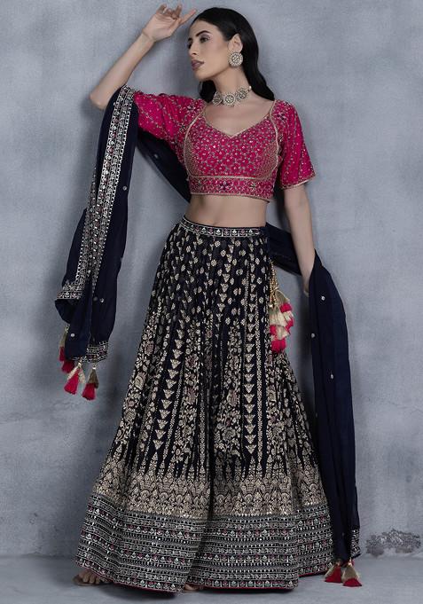 Navy Blue Floral Embroidered Lehenga Set With Sequin Embellished Blouse And Dupatta