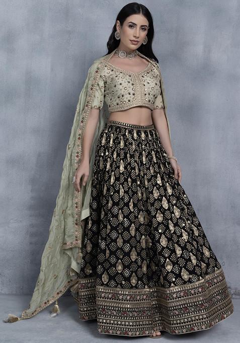 Black Brocade Embellished Lehenga Set With Embellished Blouse And Dupatta