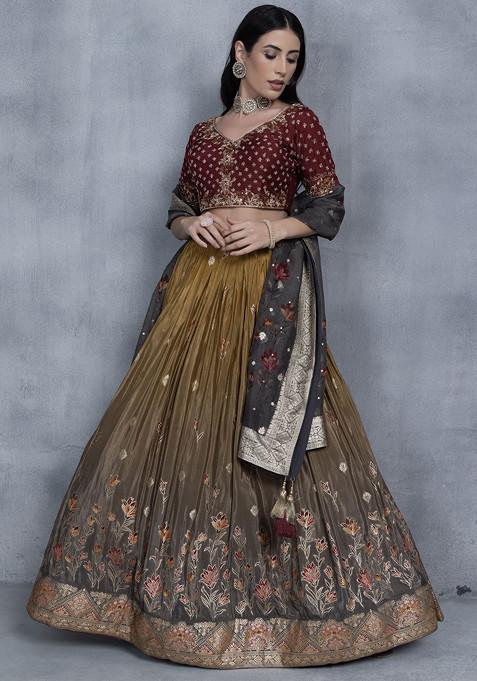 Brown Floral Print Lehenga Set With Maroon Embellished Blouse And Dupatta