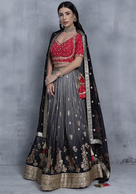 Grey Floral Brocade Lehenga Set With Red Bead Embellished Blouse And Organza Dupatta