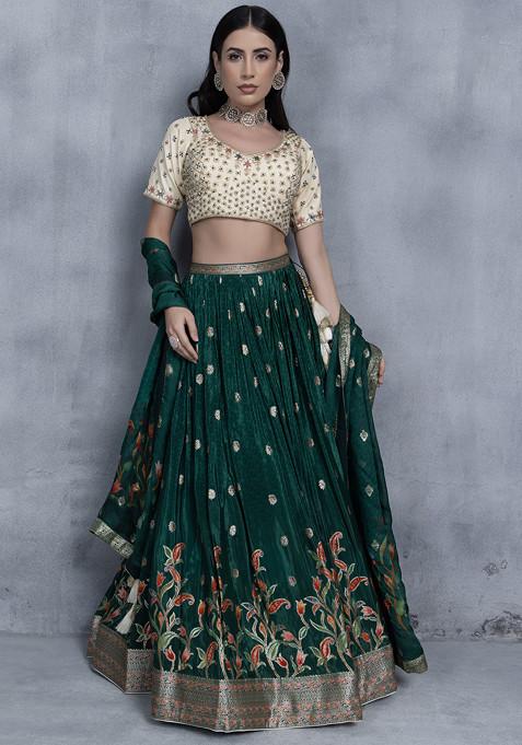 Green Floral Embroidered Lehenga Set With Embellished Blouse And Printed Dupatta