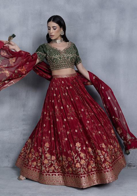 Red Floral Print Lehenga Set With Green Sequin Embellished Blouse And Printed Dupatta