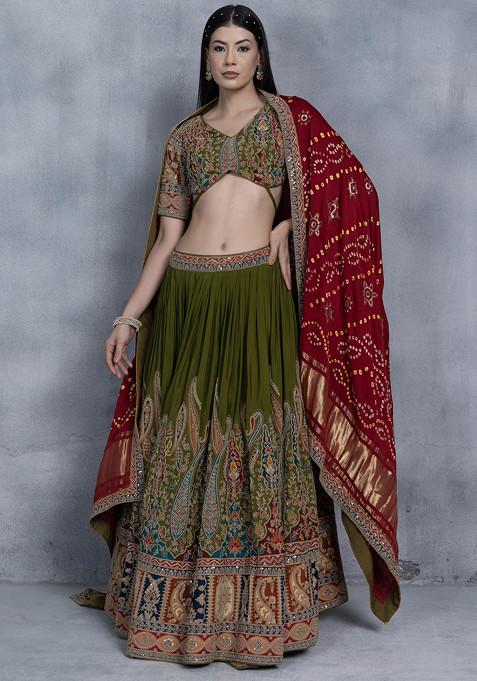 Green Zari Embroidered Lehenga Set With Zari Embellished Blouse And Maroon Printed Dupatta