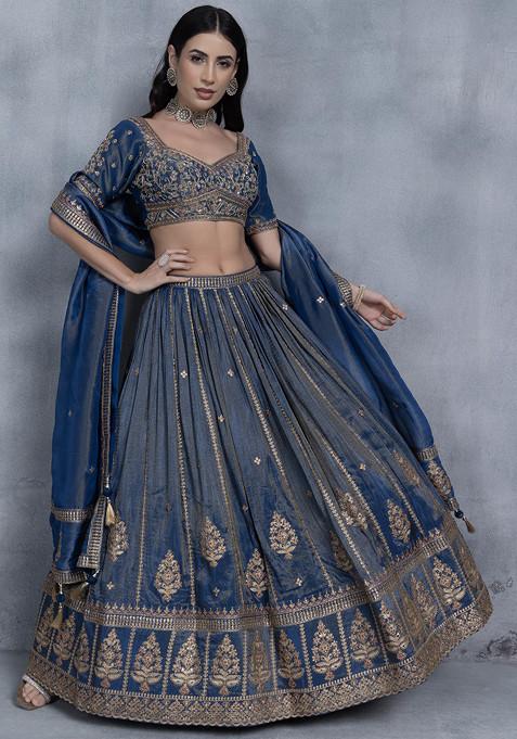 Blue Zari Mirror Embellished Lehenga Set With Embellished Blouse And Dupatta