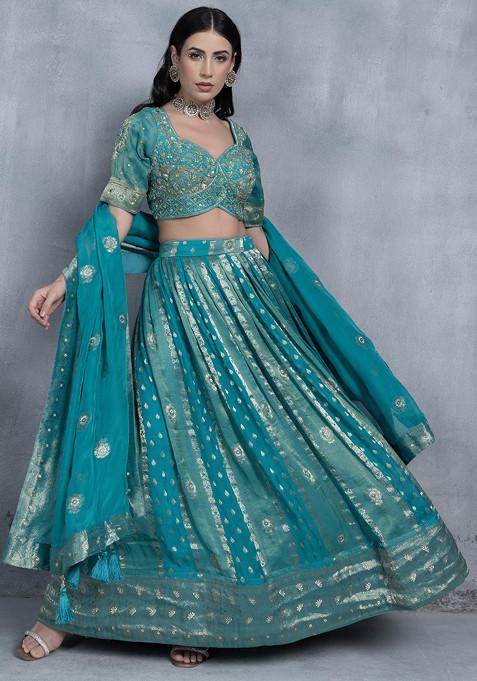 Sea Green Floral Print Lehenga Set With Sequin Embellished Blouse And Embellished Dupatta