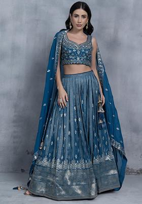 Teal Blue Zari Embroidered Lehenga Set With Sequin Embellished Blouse And Organza Dupatta
