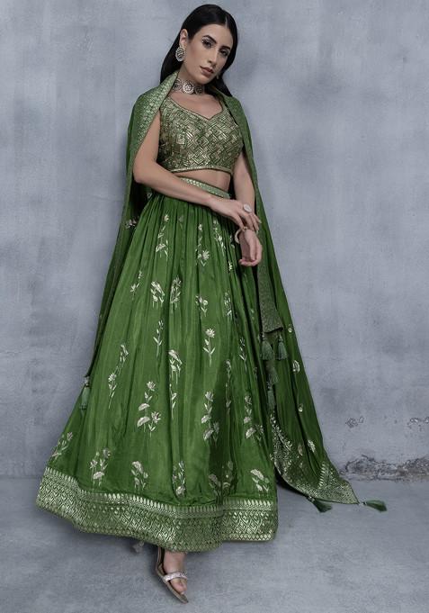 Green Floral Embroidered Lehenga Set With Sequin Bead Embellished Blouse And Dupatta