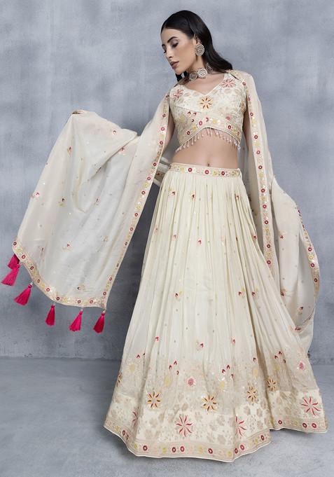 Cream Zari Embroidered Lehenga Set With Floral Sequin Embellished Blouse And Dupatta