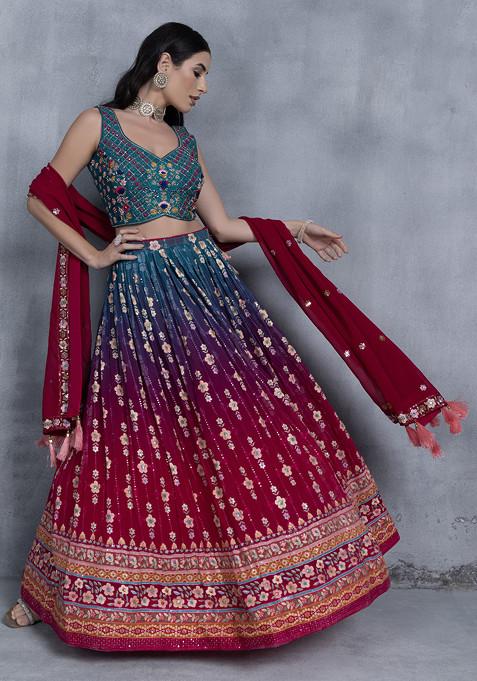 Multicolour Floral Embroidered Lehenga Set With Zari Mirror Embellished Blouse And Dupatta