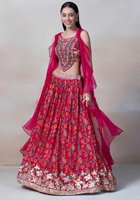 Pink Floral Print Lehenga Set With Sequin Embellished Blouse And Jacket