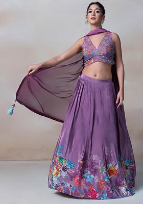 Purple Floral Print Lehenga Set With Sequin Embellished Blouse And Dupatta