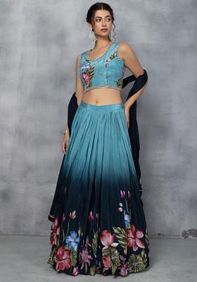 Blue Floral Print Lehenga Set With Sequin Embellished Blouse And Chiffon Dupatta