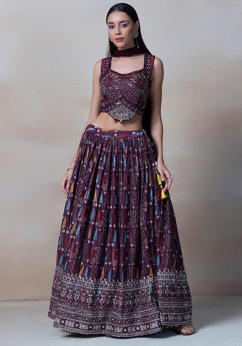 Maroon Zari Embroidered Lehenga Set With Mirror Embellished Blouse And Dupatta