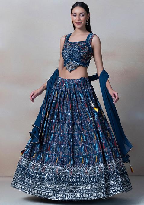 Teal Blue Zari Embroidered Lehenga Set With Mirror Embellished Blouse And Dupatta