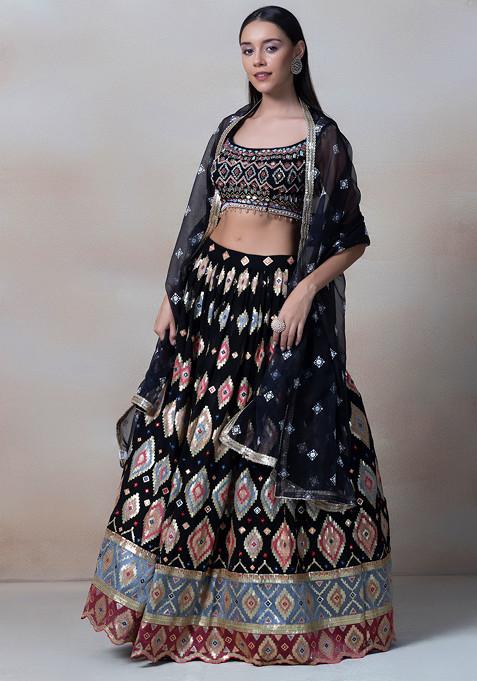 Black Mirror Embellished Lehenga Set With Sequin Embellished Blouse And Organza Dupatta