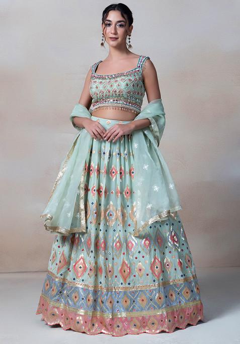 Light Green Mirror Embellished Lehenga Set With Sequin Embellished Blouse And Organza Dupatta