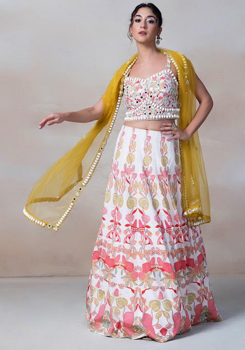 Beige Floral Print Lehenga Set With Mirror Embellished Blouse And Mesh Dupatta