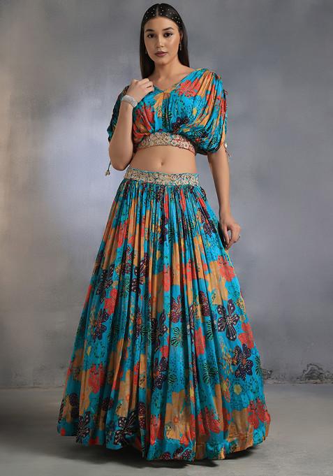 Blue Floral Print Lehenga Set With Bead Embellished Blouse