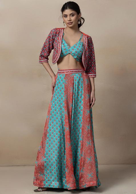 Multicolour Floral Print Lehenga Set With Blue Printed Blouse And Jacket