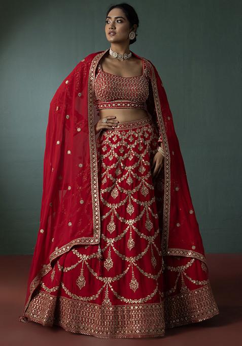 Red Zari Embroidered Lehenga Set With Bead Embellished Blouse And Dupatta