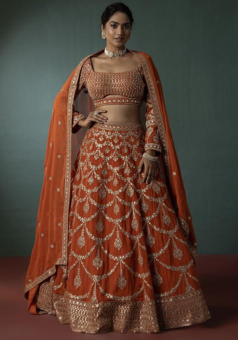 Orange Zari Embroidered Lehenga Set With Bead Embellished Blouse And Dupatta