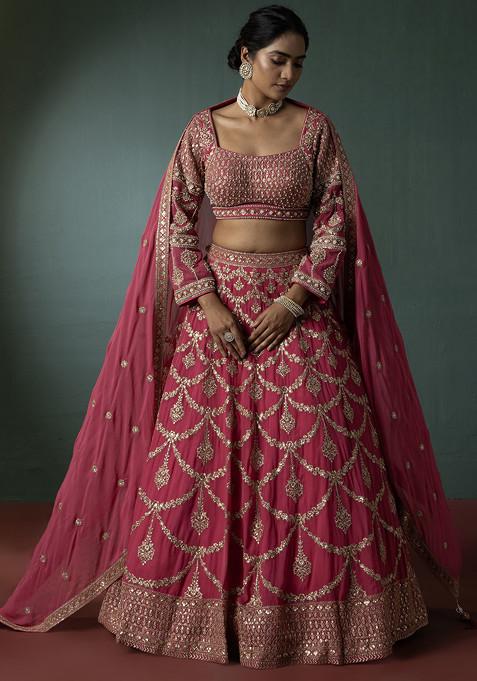 Pink Zari Embroidered Lehenga Set With Bead Embellished Blouse And Dupatta