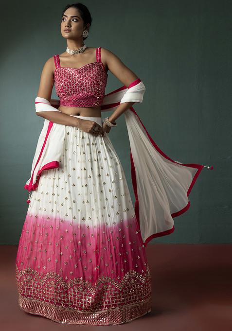 Pink Embroidered Lehenga Set With Mirror Embellished Blouse And Dupatta