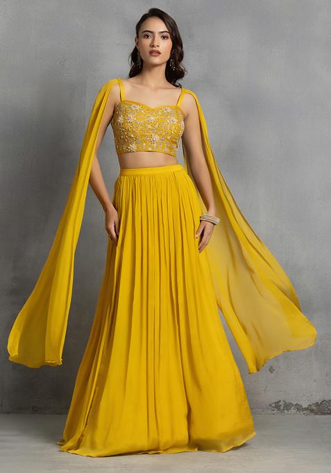 Mustard Yellow Lehenga Set With Floral Sequin Cutdana Hand Embroidered Blouse