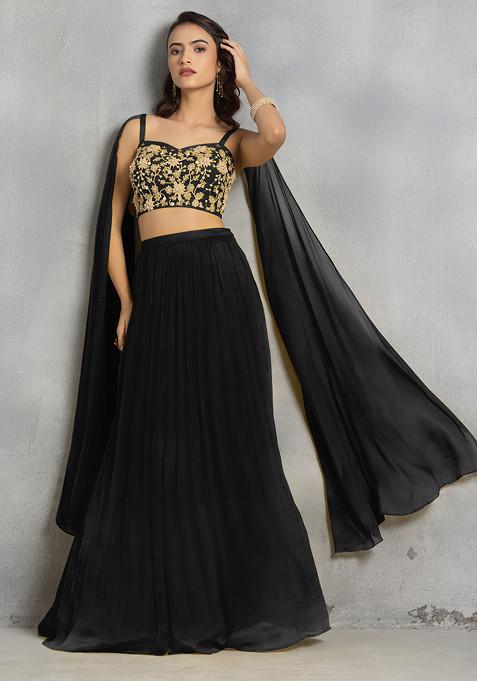 Black Lehenga Set With Floral Sequin Cutdana Hand Embroidered Blouse