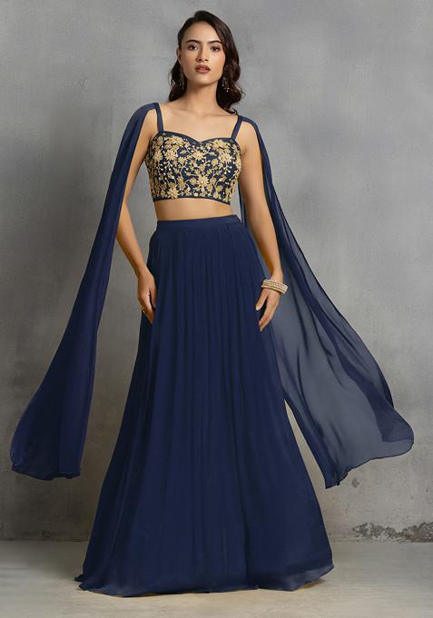 Navy Blue Lehenga Set With Floral Sequin Cutdana Hand Embroidered Blouse