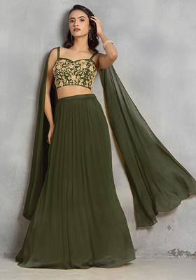 Olive Green Lehenga Set With Floral Sequin Cutdana Hand Embroidered Blouse