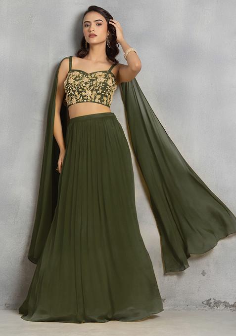 Olive Green Lehenga Set With Floral Sequin Cutdana Hand Embroidered Blouse
