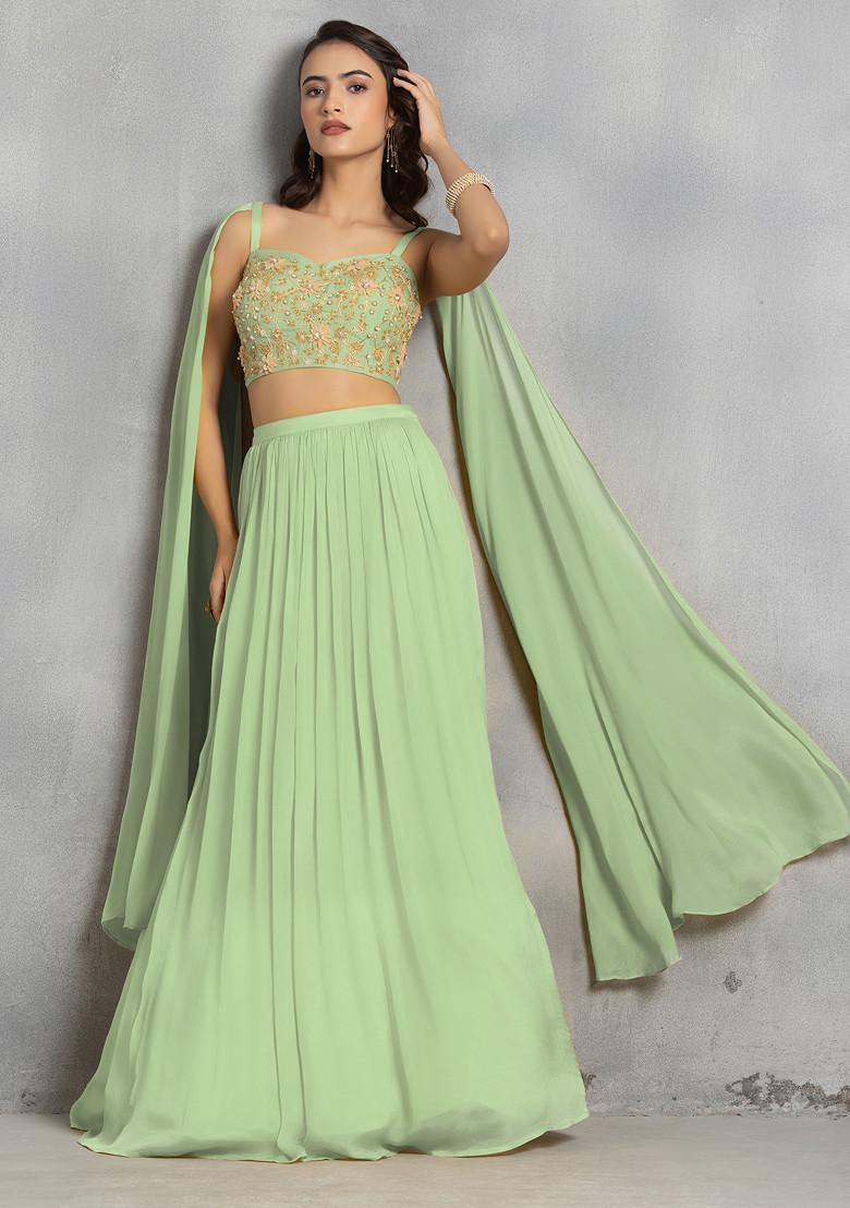 Mint Green Lehenga Set With Floral Sequin Cutdana Hand Embroidered Blouse