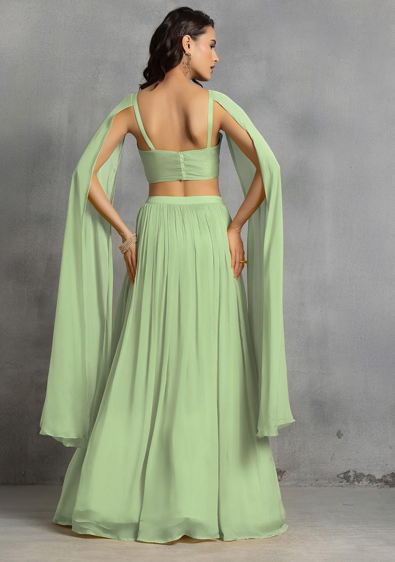 Mint Green Lehenga Set With Floral Sequin Cutdana Hand Embroidered Blouse