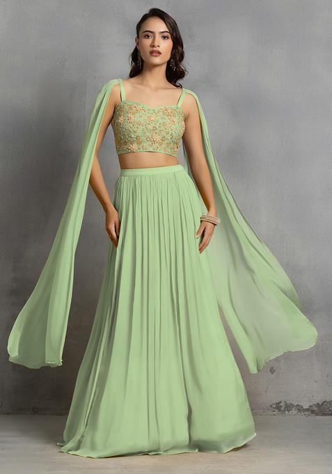 Mint Green Lehenga Set With Floral Sequin Cutdana Hand Embroidered Blouse
