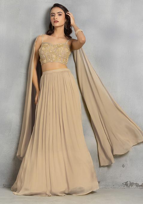 Beige Lehenga Set With Floral Sequin Cutdana Hand Embroidered Blouse
