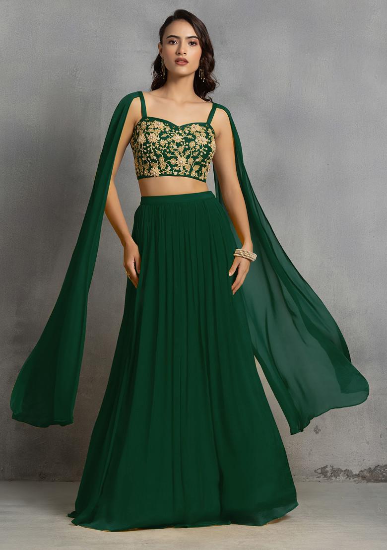 Green Lehenga Set With Floral Sequin Cutdana Hand Embroidered Blouse