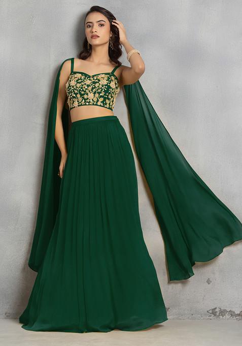 Green Lehenga Set With Floral Sequin Cutdana Hand Embroidered Blouse