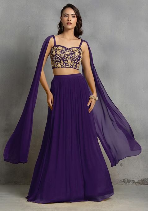 Purple Lehenga Set With Floral Sequin Cutdana Hand Embroidered Blouse