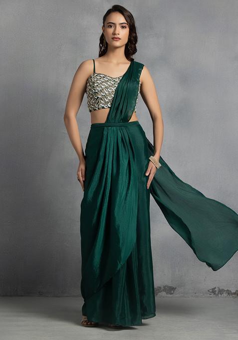 Green Pre-Stitched Saree Set With Abstract Sequin Bead Hand Embroidered Blouse