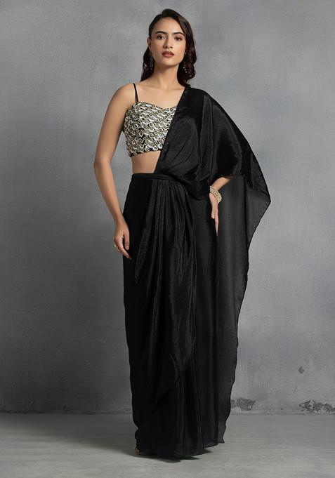 Black Pre-Stitched Saree Set With Abstract Sequin Bead Hand Embroidered Blouse