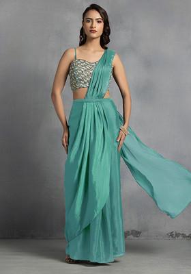 Light Green Pre-Stitched Saree Set With Abstract Sequin Bead Hand Embroidered Blouse