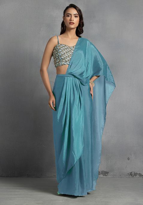 Light Blue Pre-Stitched Saree Set With Abstract Sequin Bead Hand Embroidered Blouse