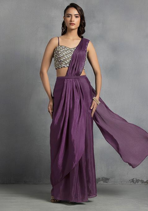 Light Purple Pre-Stitched Saree Set With Abstract Sequin Bead Hand Embroidered Blouse