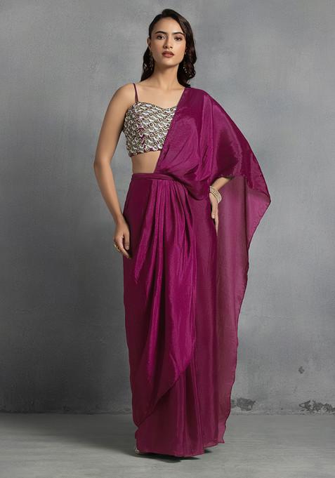 Pink Pre-Stitched Saree Set With Abstract Sequin Bead Hand Embroidered Blouse
