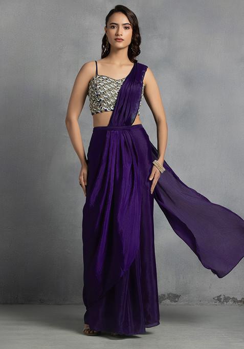 Purple Pre-Stitched Saree Set With Abstract Sequin Bead Hand Embroidered Blouse